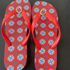 NEW Tory Burch T Logo Orange and Blue Flip Flops